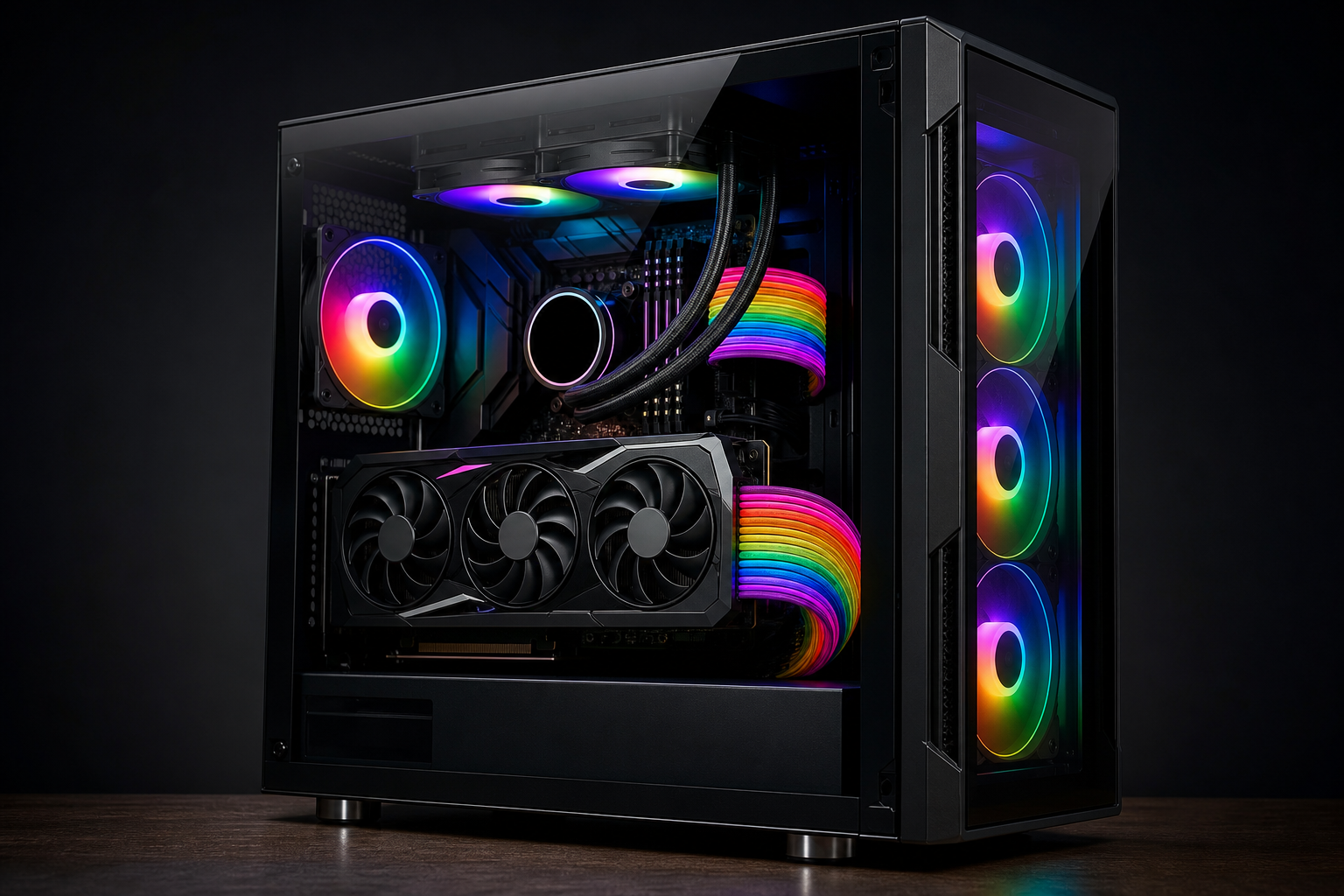 PC gaming finito con cavi sleeved arcobaleno visibili attraverso il pannello
