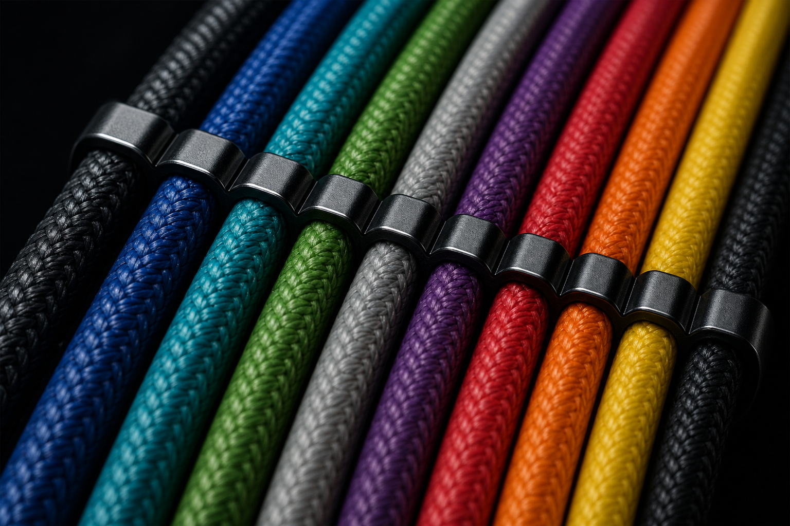 Primo piano di un cable comb che organizza fili colorati in righe parallele
