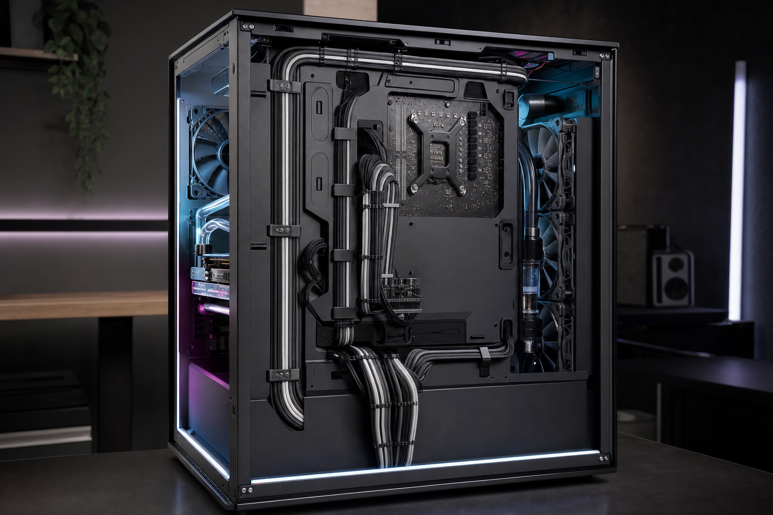 Interno di un case PC con routing dei cavi sleeved perfettamente organizzato