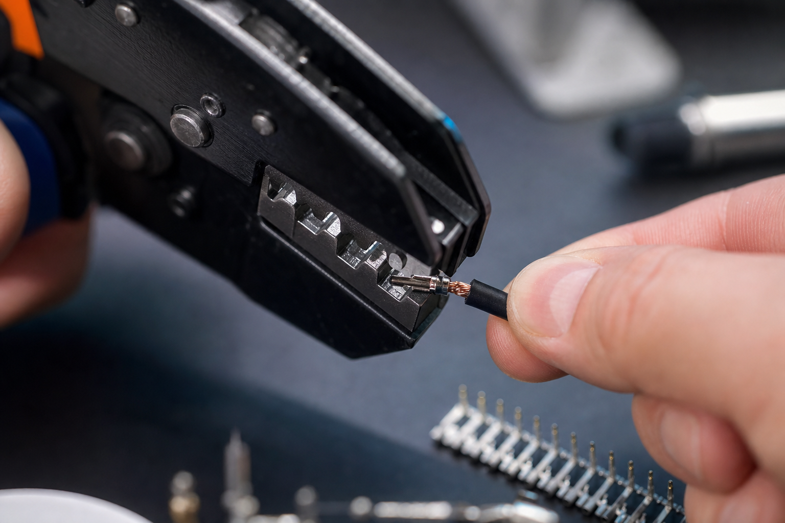 Primo piano di una crimpatrice che monta un connettore custom su un cavo