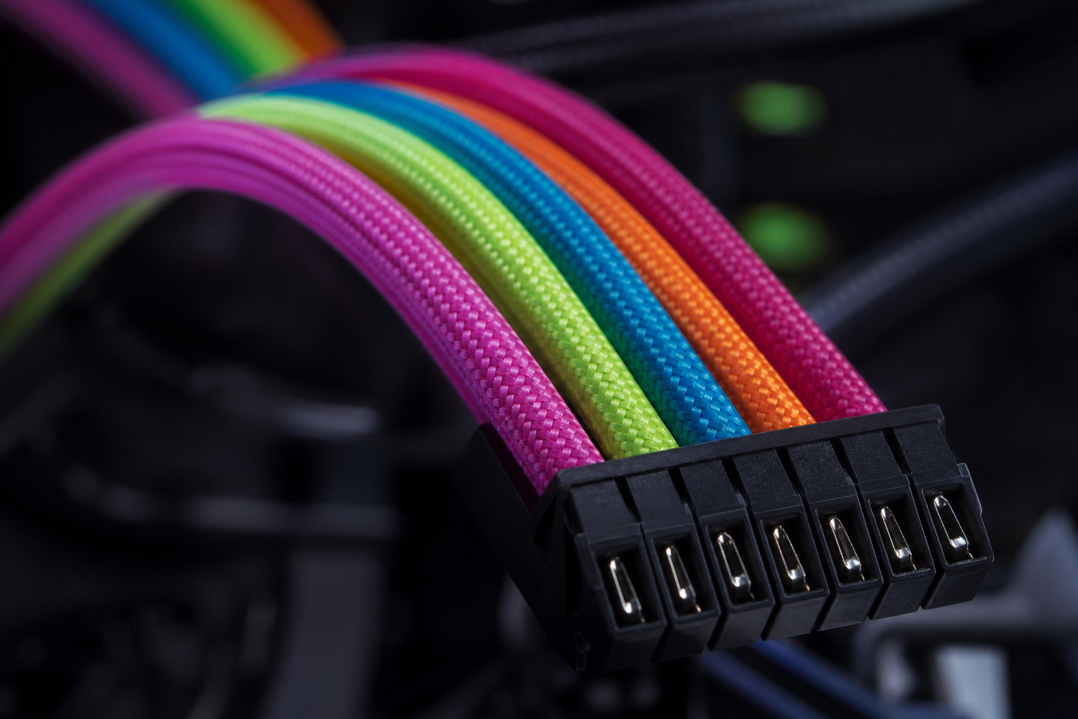 Primo piano di cavi PC intrecciati a mano con sleeving colorato realizzati da Cablaggio a Modena